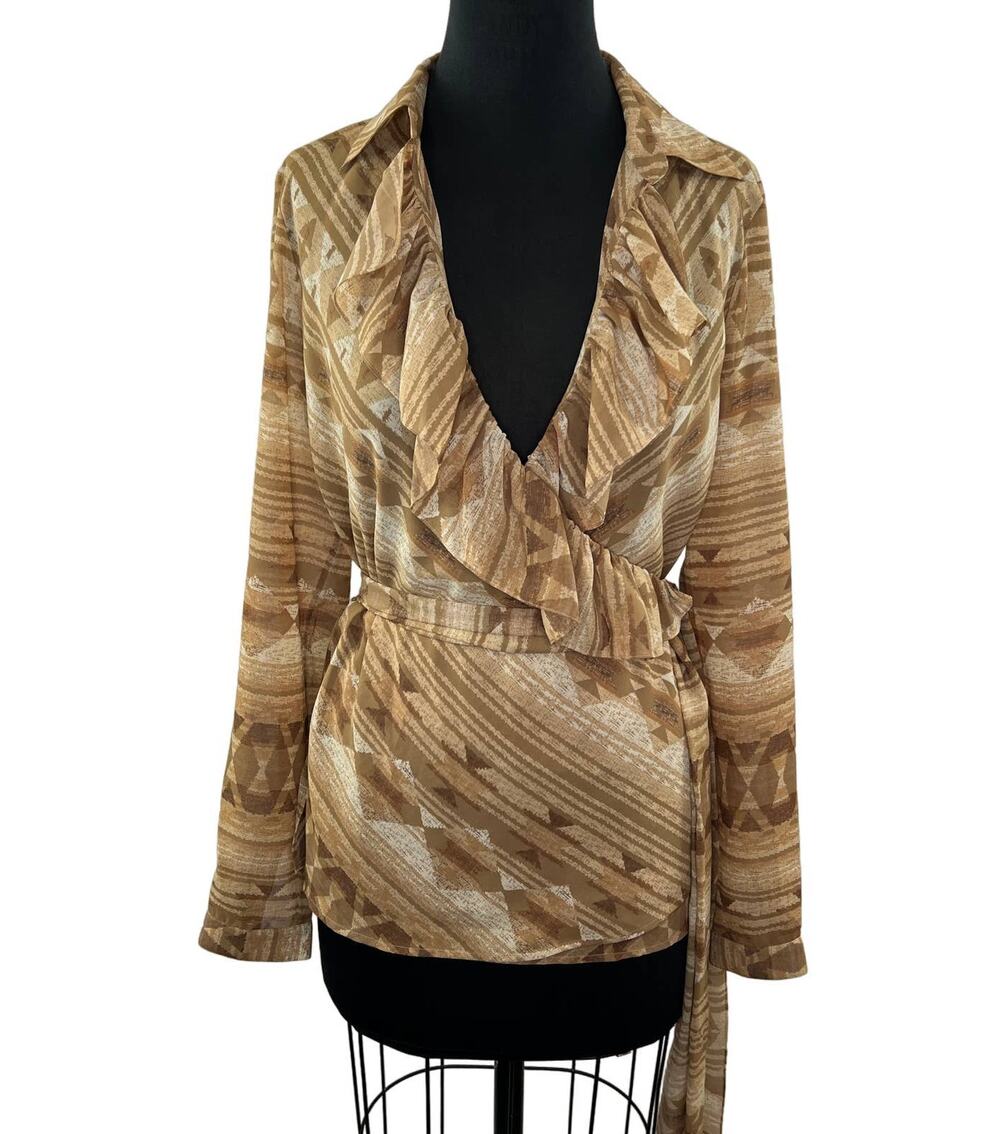 Lauren Ralph Lauren Tan Sand Aztec Geometric Georgette Ruffle Wrap Top Blouse M